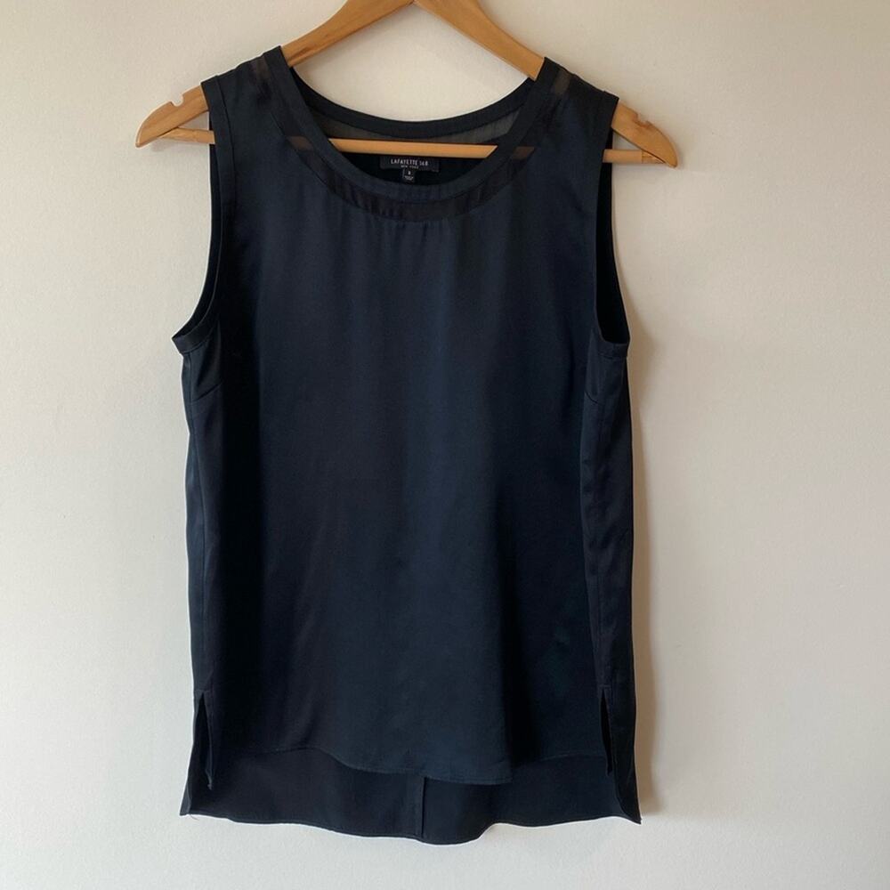 Lafayette 148 Black Silk Blouse with silk mesh accents Size Small Minimalist
